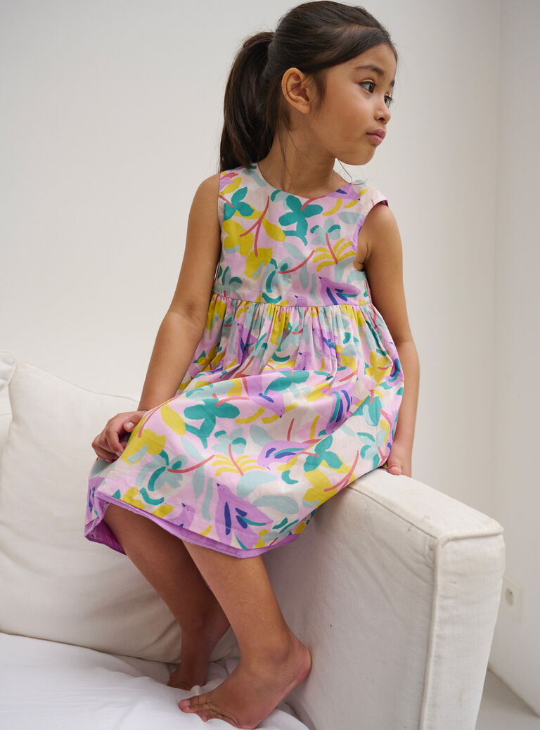 Robe réversible imprimée oiseaux violets pour fille