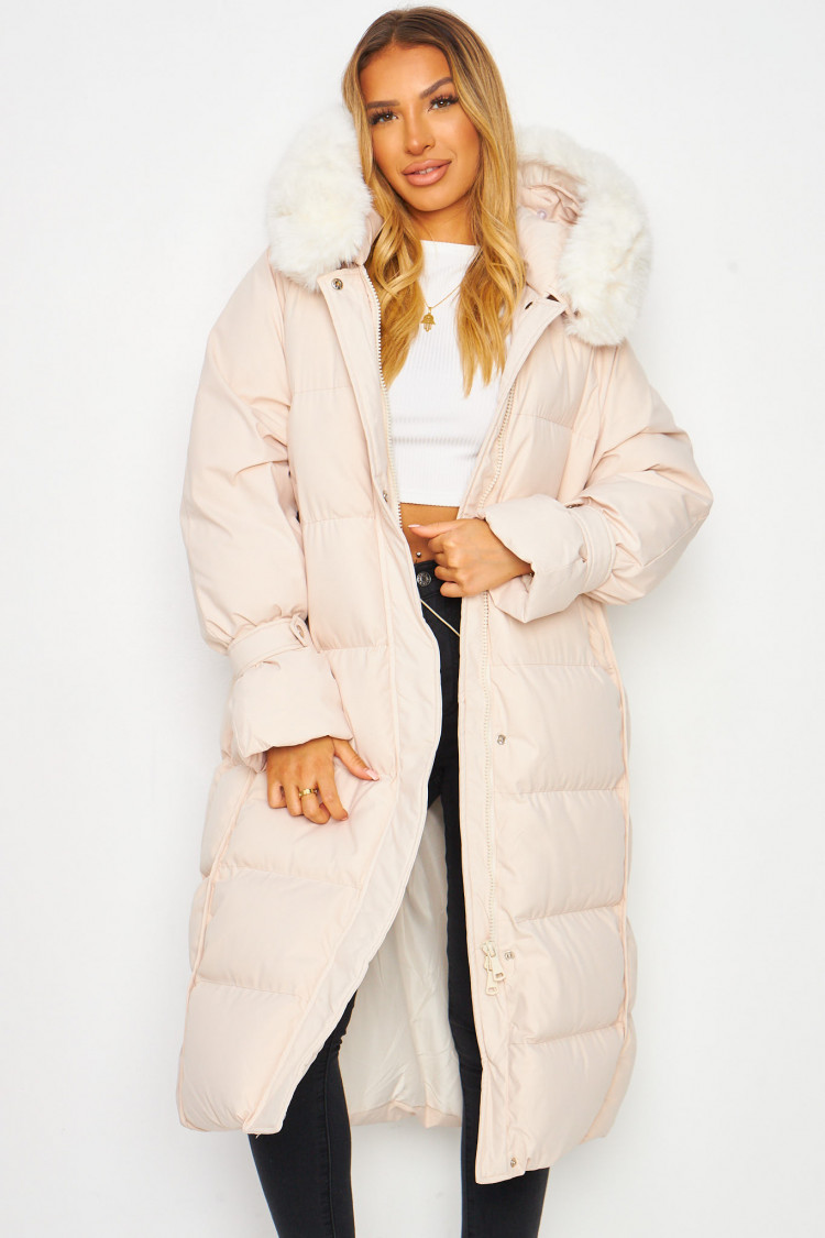 Doudoune longue beige à capuche