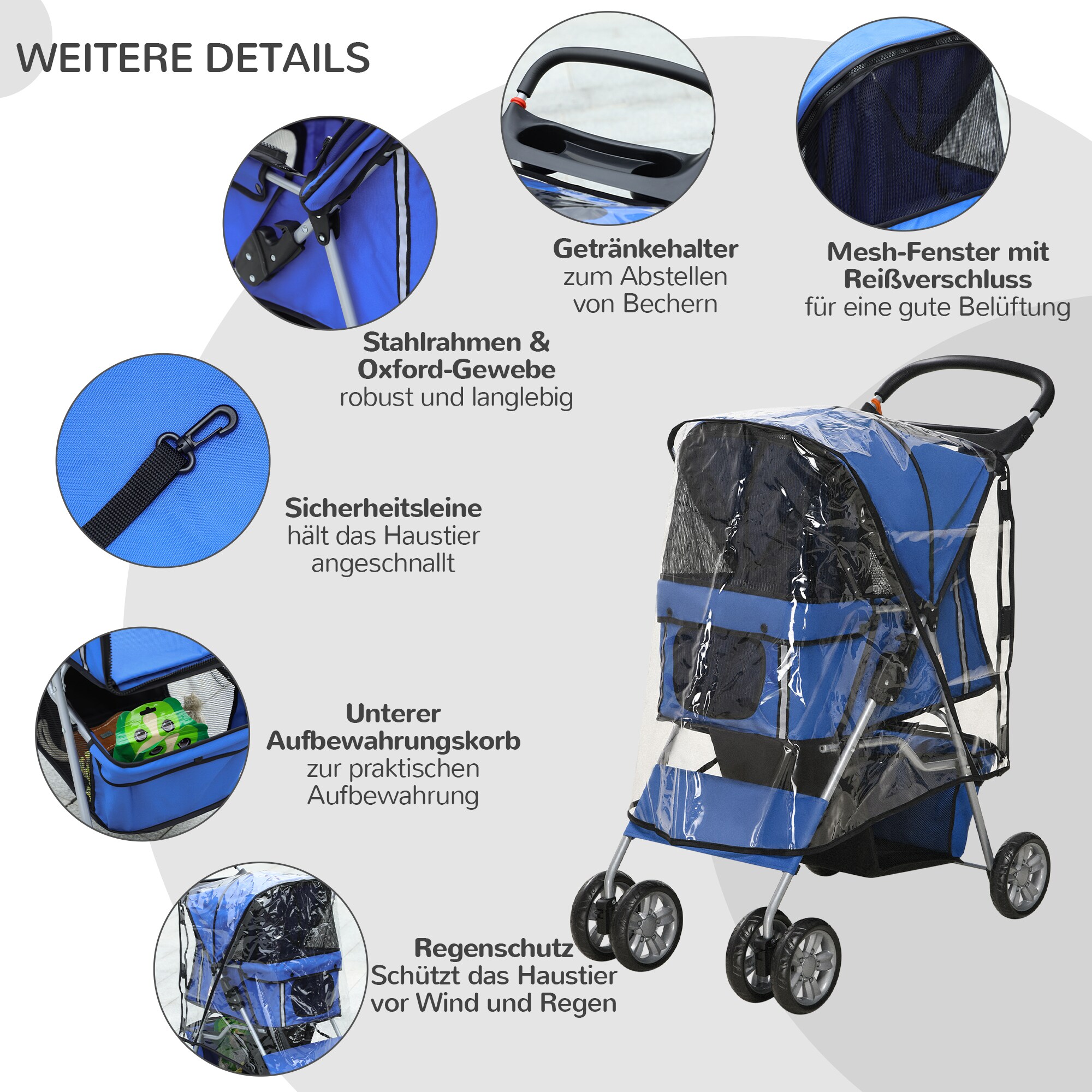 PawHut Hundebuggy mit Regenverdeck blau 75L x 45B x 97H cm