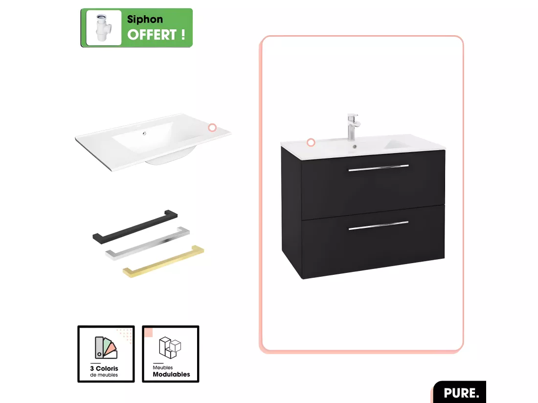 Ensemble meuble sous vasque avec vasque - Siphon OFFERT | PURE | Noir | 80 × 60 × 45