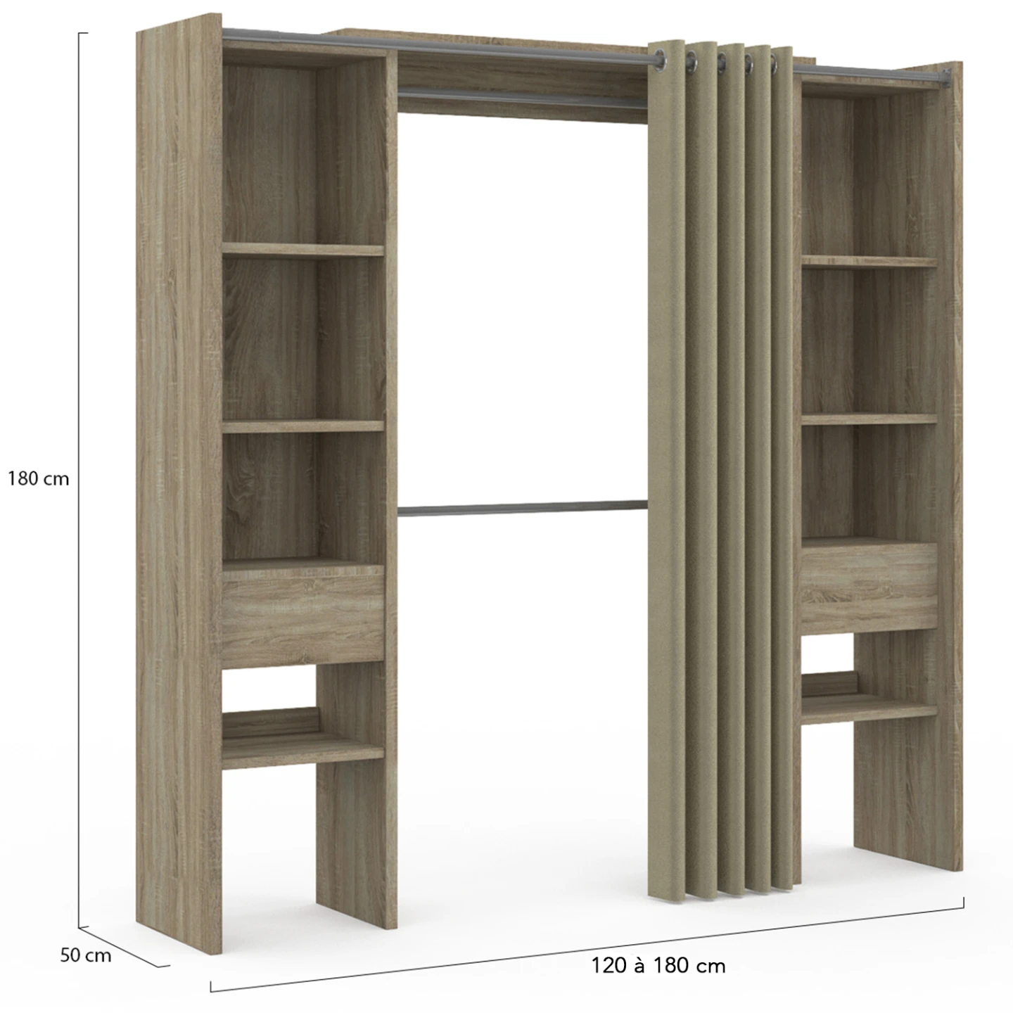 Dressing extensible double MERYL 120/180 x 50 x 180 cm hêtre avec étagères + double penderie + rideau taupe