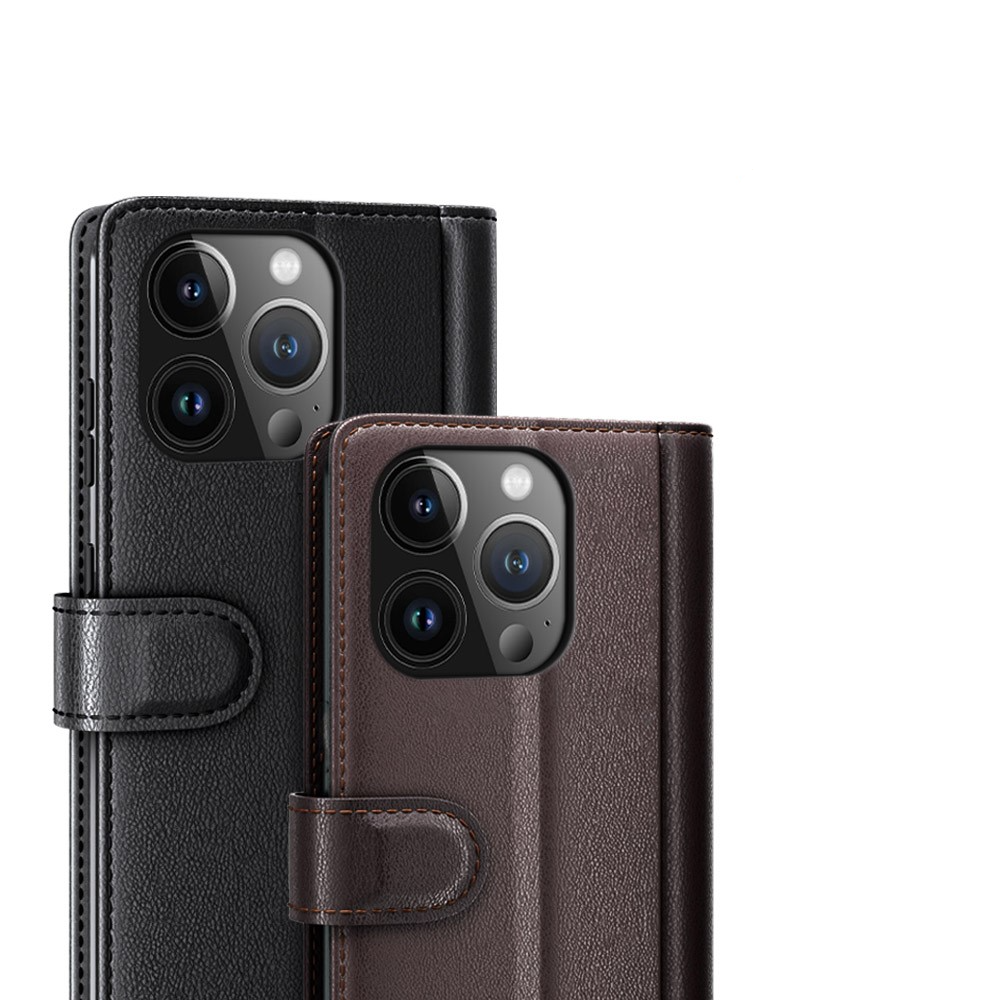 iPhone 15 Pro Max Echtleder Tasche Hülle Flip Cover mit Kartenfach - Schwarz