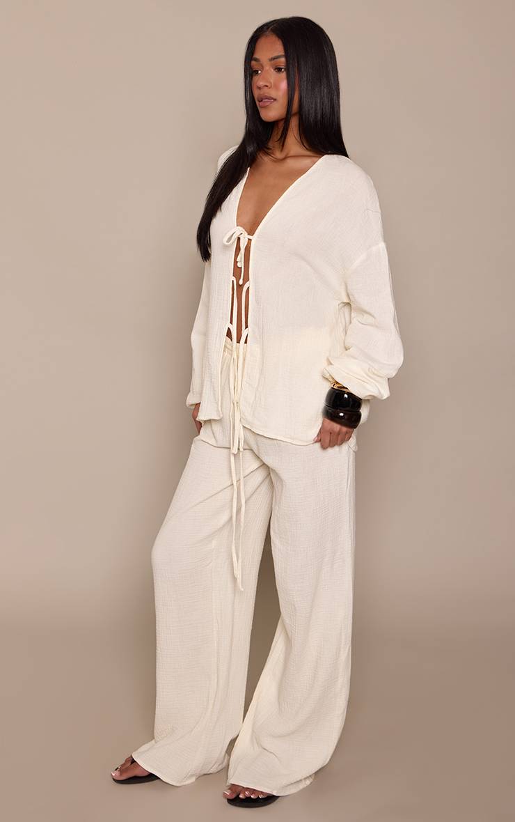 Crème Ensemble Chemise Grande Taille En Gaze Texturée Avec Lien À Nouer Devant