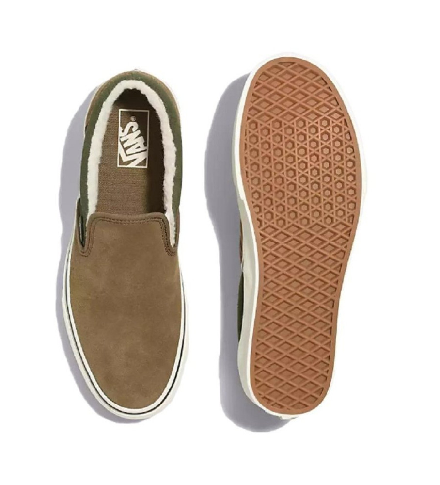 Tênis Vans Classic Slip-On em couro Sherpa, verde acastanhado