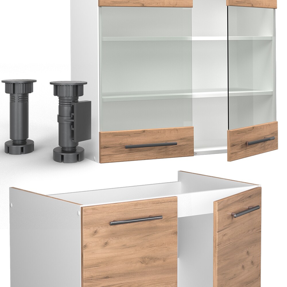 Vicco Küchenzeile Küchenblock Einbauküche Fame-Line Weiß Eiche 240 cm modern Küchen Schränke Spülenunterschrank Schubunterschrank Hängeschrank Hängeglasschrank