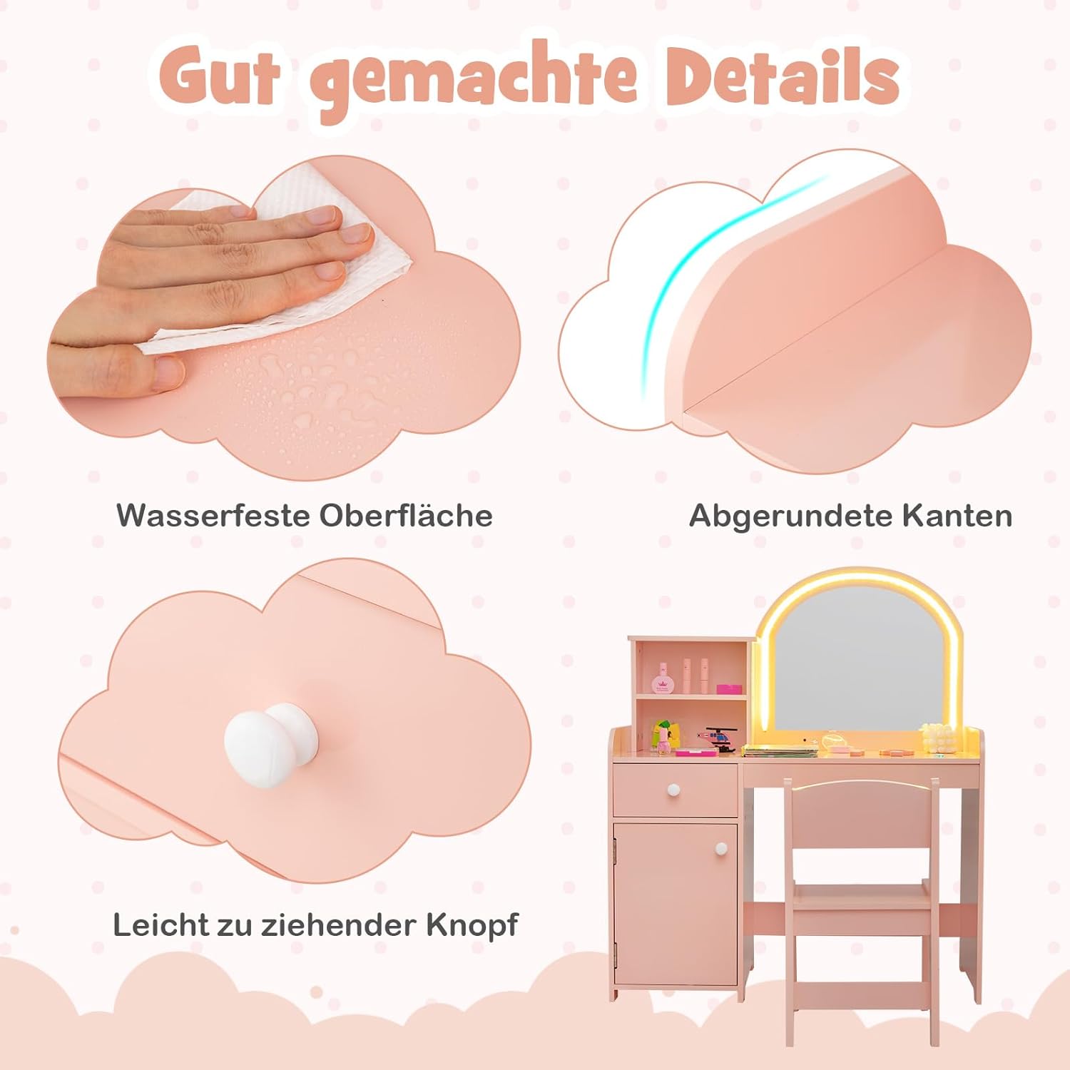 COSTWAY 2 in 1 Kinder Schminktisch Set, Frisertisch mit Hocker, LED-Leuchten, Spiegel, Schrank & Schublade, Kosmetiktisch Schminkkommde mädchen aus Holz für Kinder ab 3 Jahren (Hellrosa)