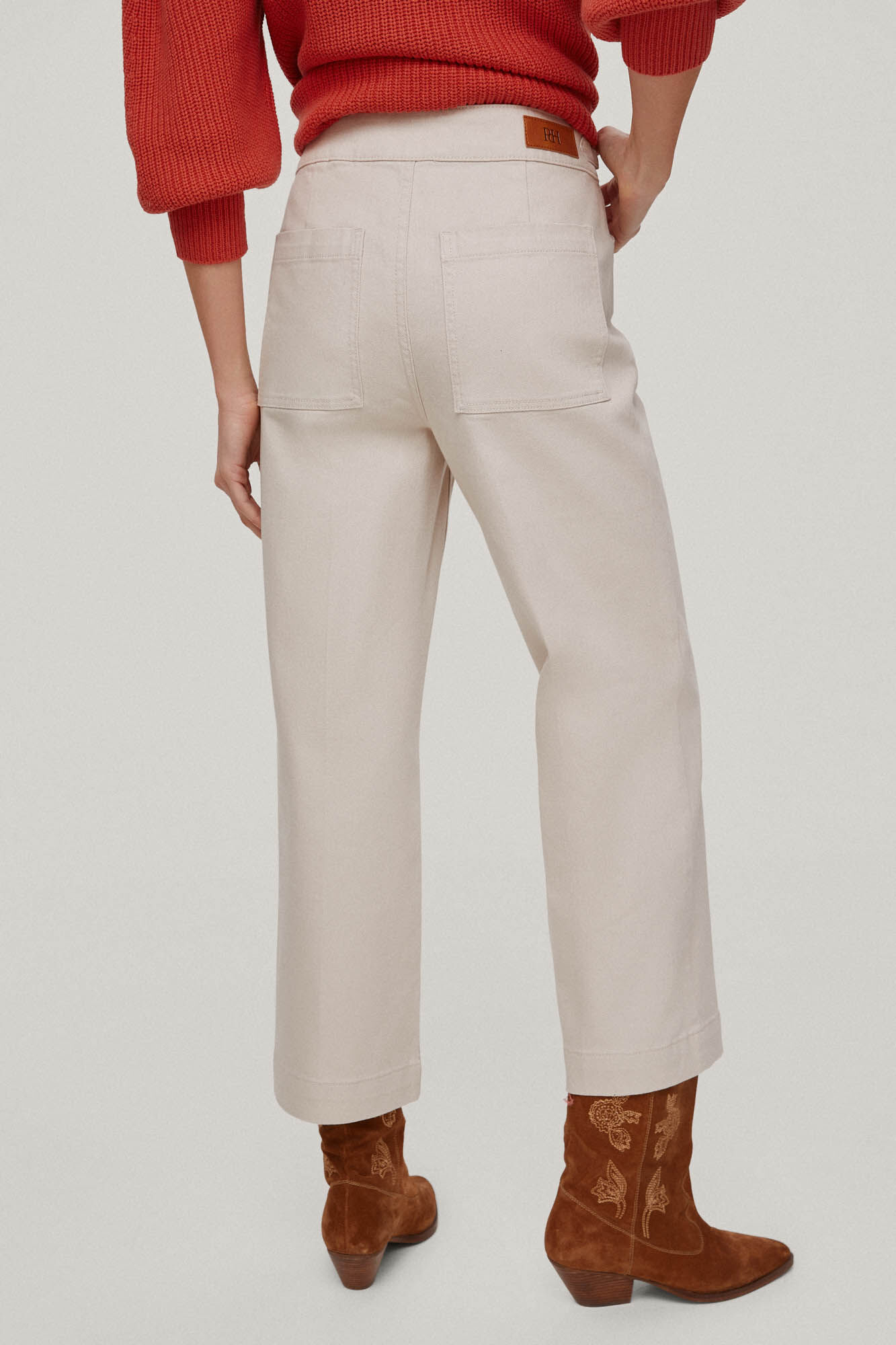 Calça jeans cropped de perna larga - Bege