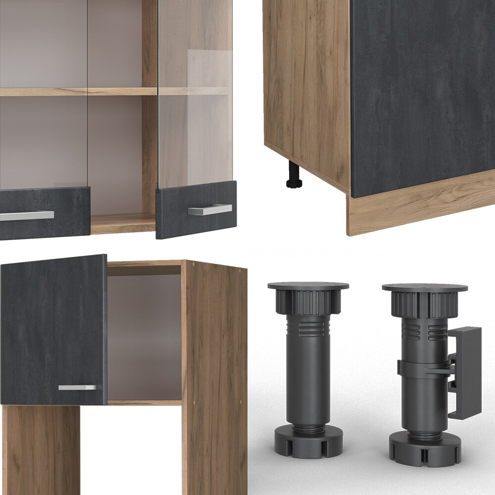 Vicco Küchenzeile R-Line 300 cm Schwarz Beton Eiche mit Arbeitsplatte Eiche