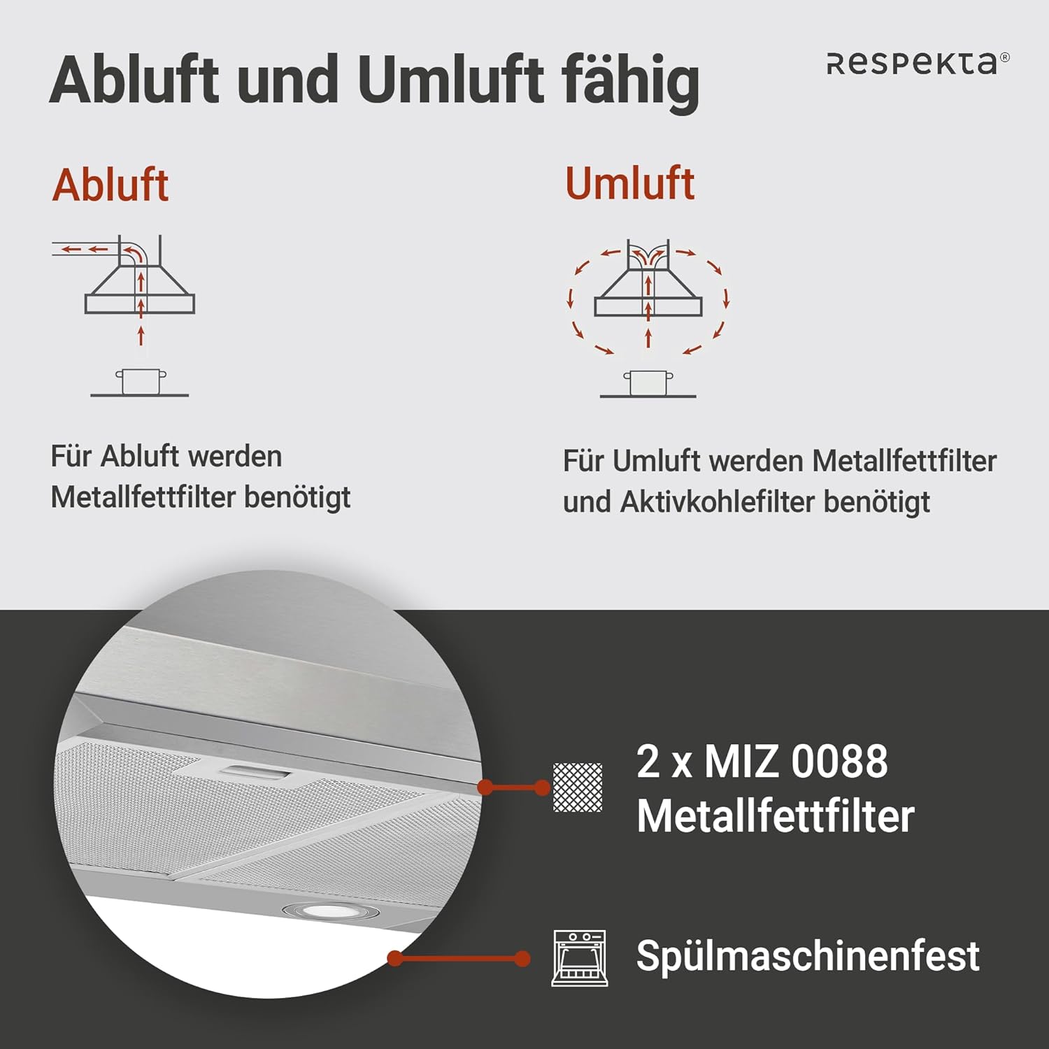 Respekta Dunstabzugshaube / Kaminhaube 60 cm / Edelstahlgehäuse / Abluft - und Umluftfunktion / CH44078-60IX-A / A / 56 – 70,3 dB