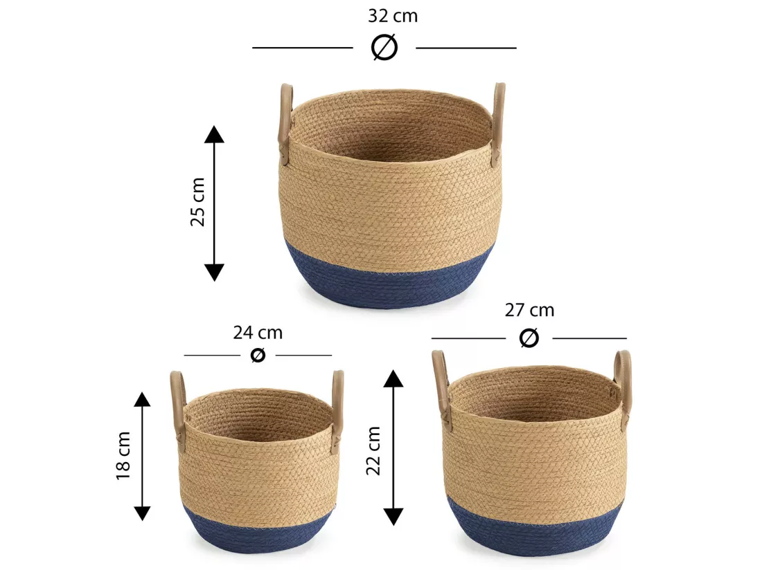 Set de 3 paniers Tecla fibre naturelle, bleu/naturel