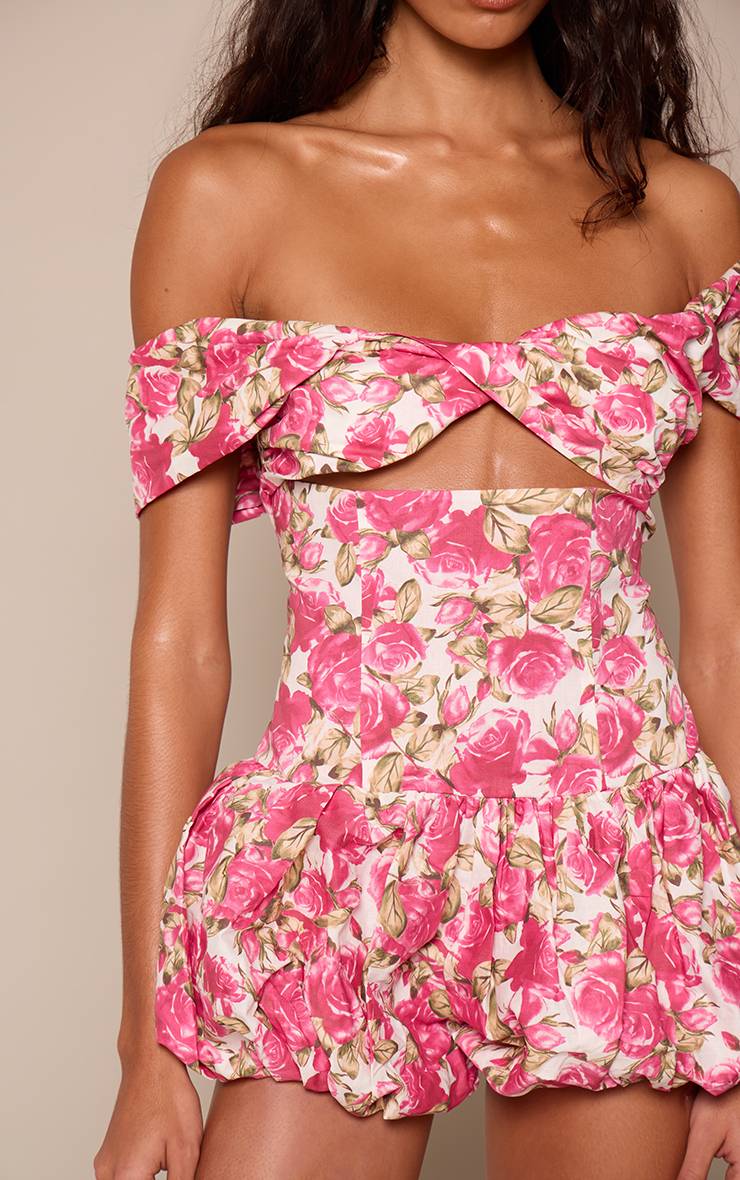 Rose Combinaison Courte Bouffante À Imprimé Fleuri Bustier