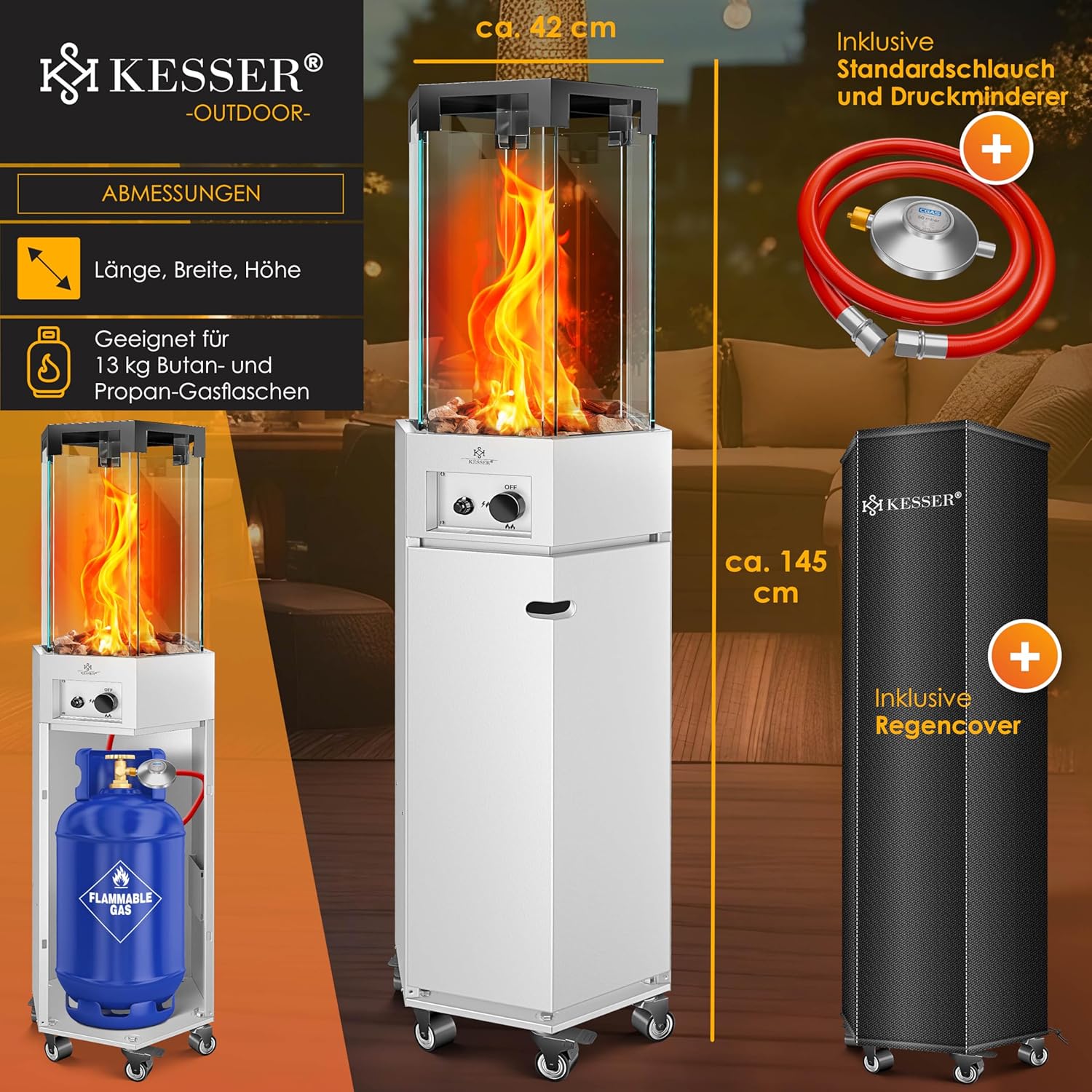 KESSER® Gasheizstrahler 4/8 kW Gas Piezozündung Heizung + Gasdruckregler + Cover, 360° Rollen Kippschutz, Terrassenheizstrahler Gasheizung Gasheizer Outdoor Kamin Mobiler Heizpilz, Heizer, Weiß