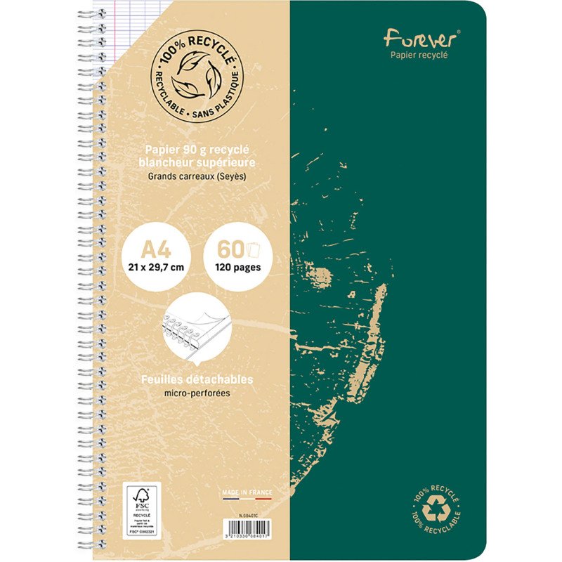 Cahier recyclé Forever Premium A4 - grands carreaux - 120 pages