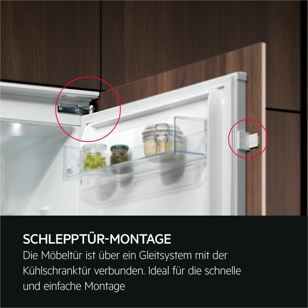 AEG Einbau-Kühlschrank 88 cm ohne Gefrierfach, Serie 5000 OptiSpace: 3x vielfach verstellbare Glasablage, großer Kühlraum (142L), LED-Beleuchtung, mechanische Steuerung, Schlepptür-Technik, TSK5O881ES