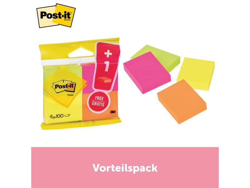 Post-it Notizzettel Post-it 5.1 x 3.8 cm, 4 Blöcke à 100 Bl Post-it Haftnotizen farbig im Vorteilspack