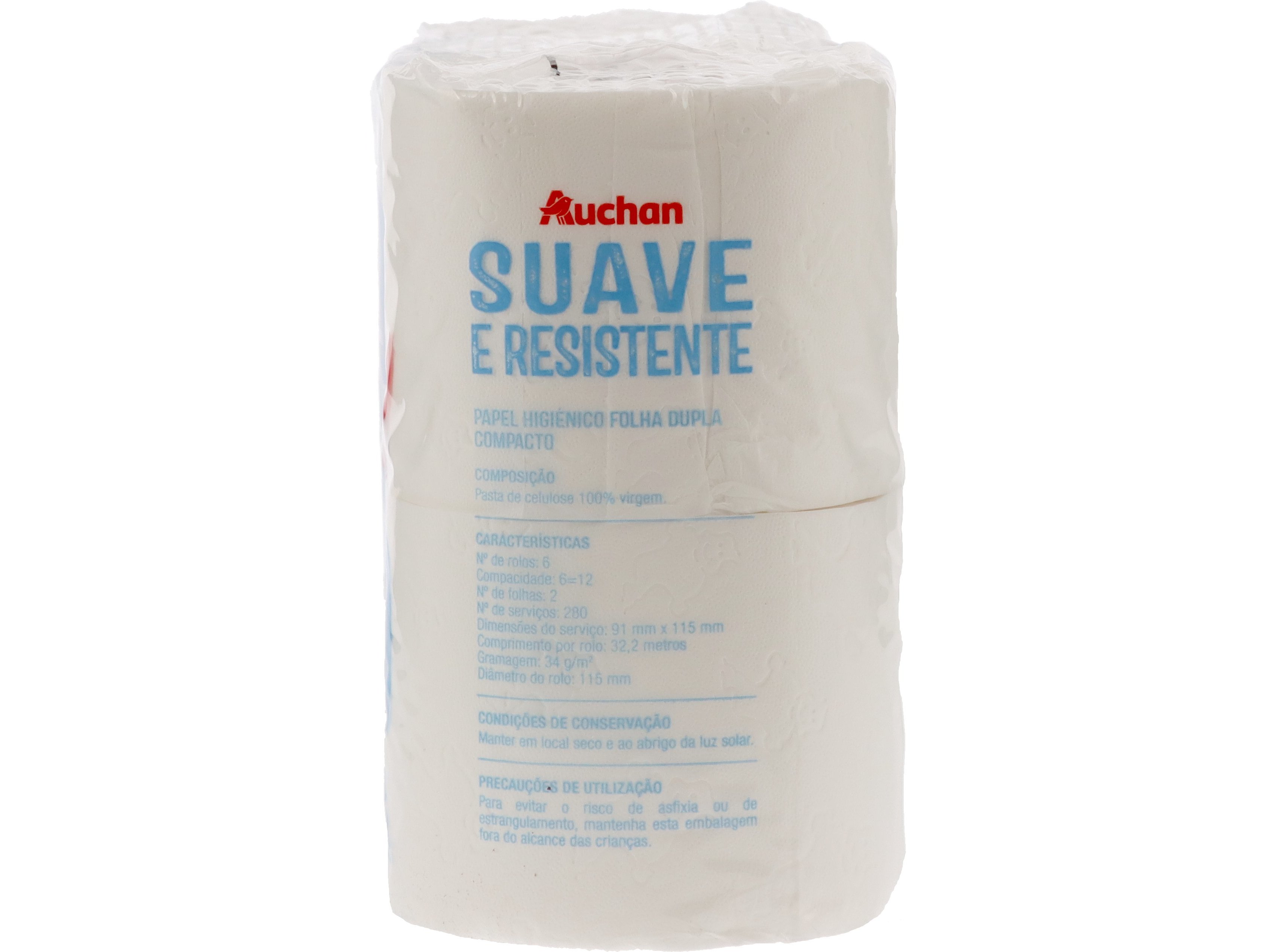 PAPEL HIGIÉNICO AUCHAN FOLHA DUPLA COMPACTO 6 ROLOS = 12 ROLOS