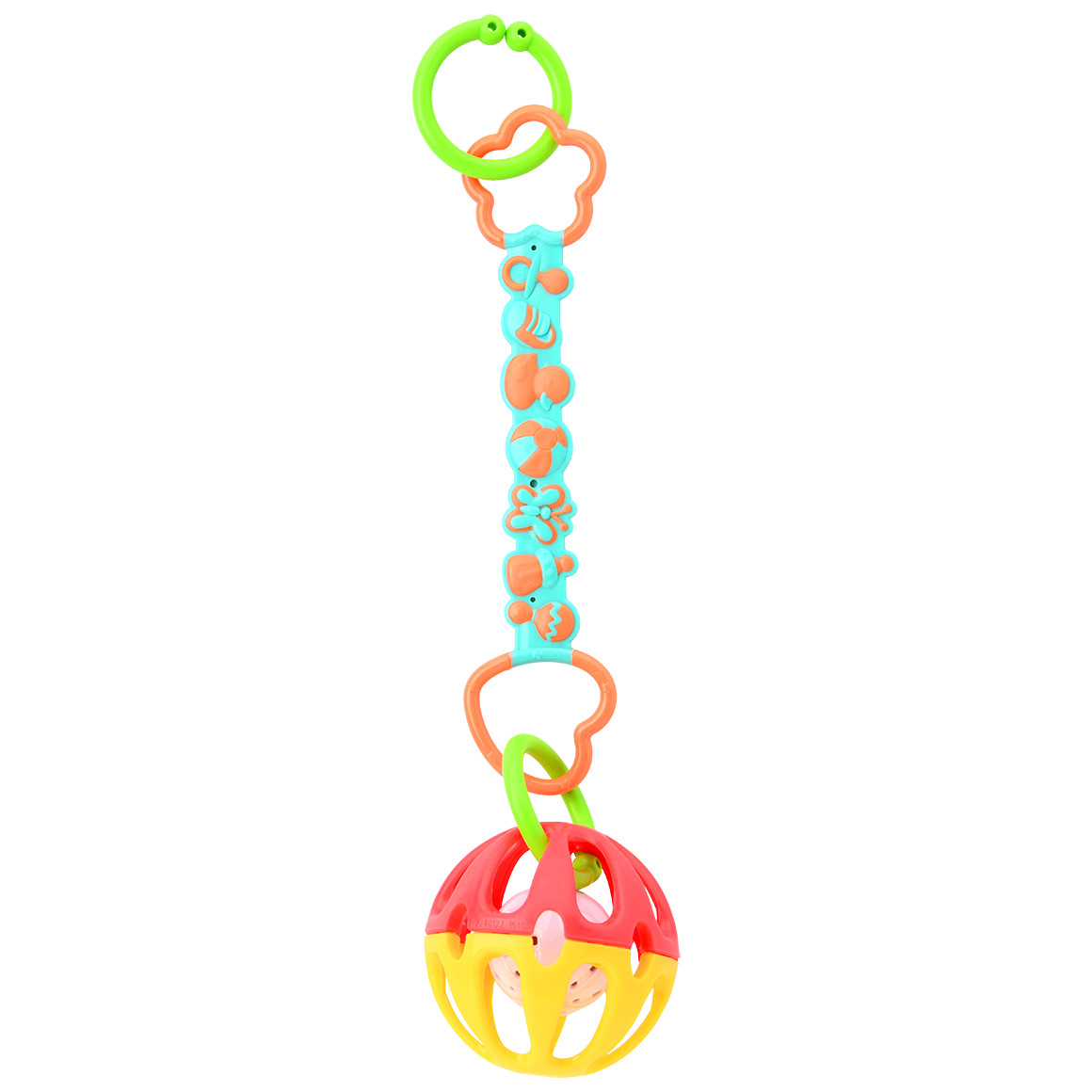 Topomini Baby Rasselball mit Kette für unterwegs gelb / rot / türkis