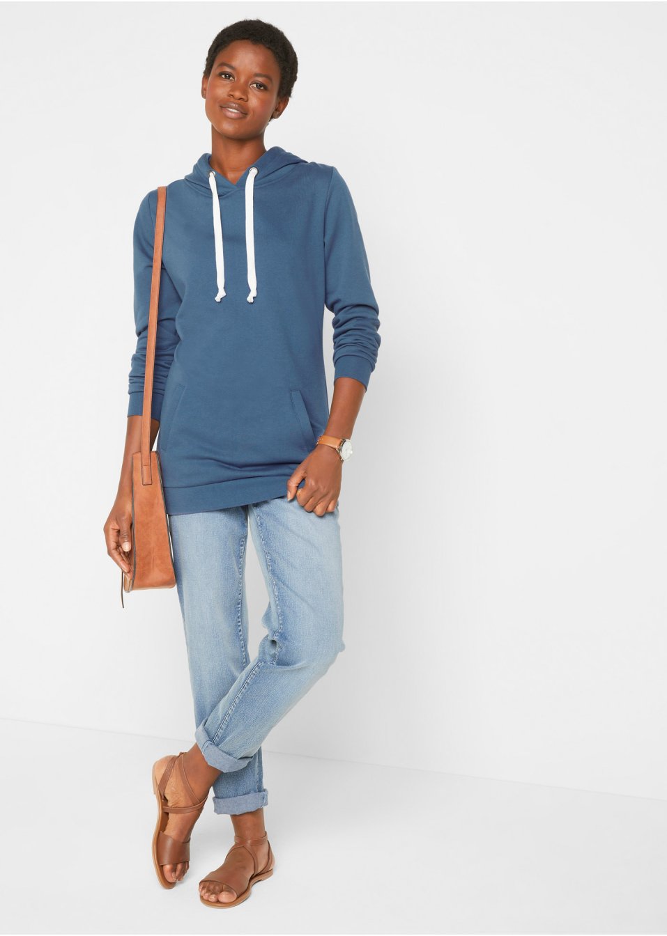 Sweat-shirt long à capuche, manches longues