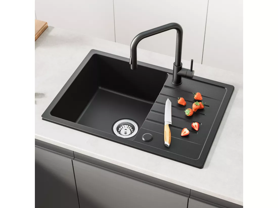 Evier 1 Bac avec Egouttoir, Evier en Quartz et résine Noir 65x45cm + Mitigeur de Cuisine Avec Douchette Extractible, 2 Modes de Sortie D'eau, Brossé