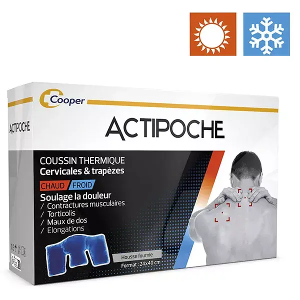 Almofada de gel térmico Actipoche para contraturas dos músculos cervicais e trapézios.