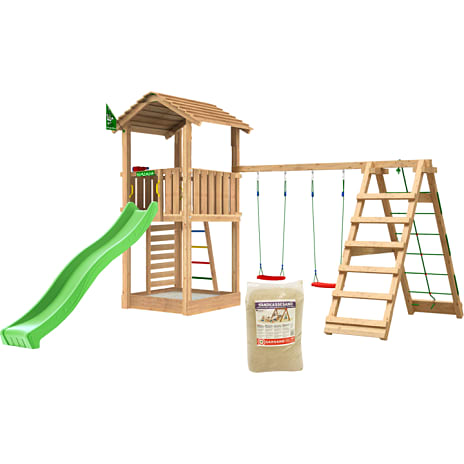 Jungle Gym Cottage 2.1 legetårn inkl. klatrevæg, rutsjebane og 120 kg sand