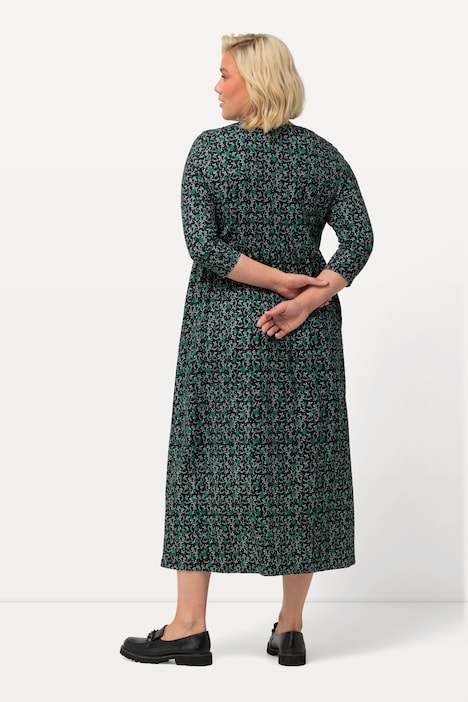 Jerseykleid, Blüten, A-Linie, V-Ausschnitt, 3/4-Arm