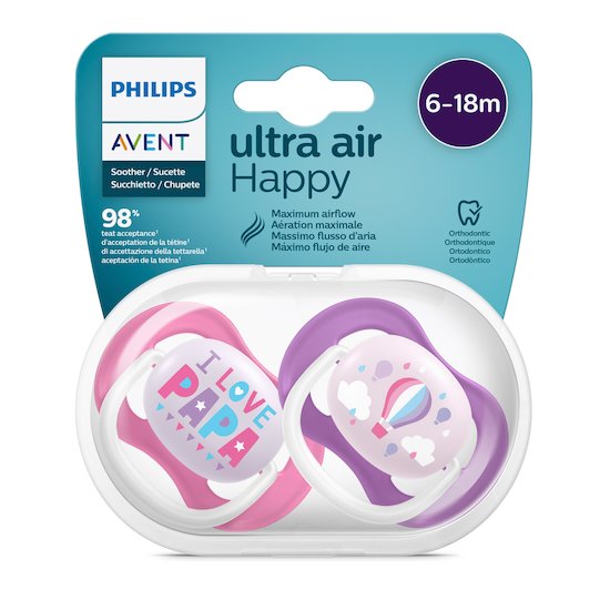 Lot 2 sucettes ultra air   I love papa et montgolfière        6-18 mois   de               Philips AVENT