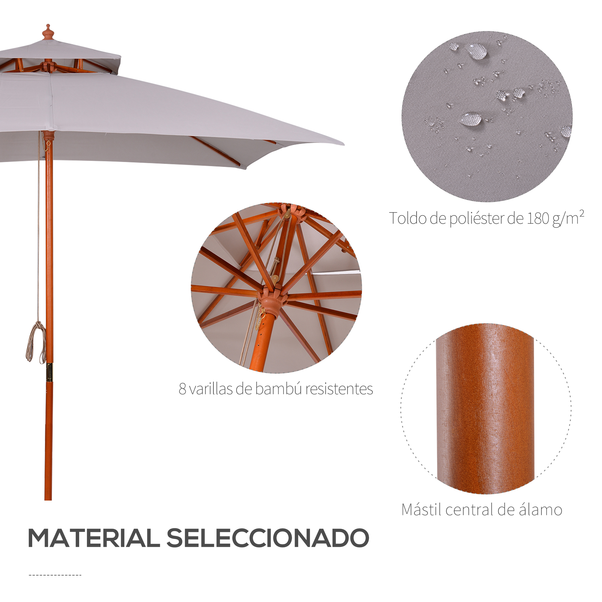 Guarda-sol de bambu Outsunny 3x3x3 m com cobertura dupla, sistema de polias à prova d'água para terraço e varanda, cinza.