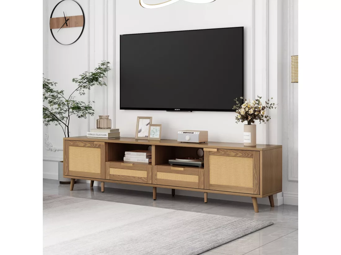Meuble TV en rotin tressé pieds en bois massif 200*37*49cm TORQEOLS