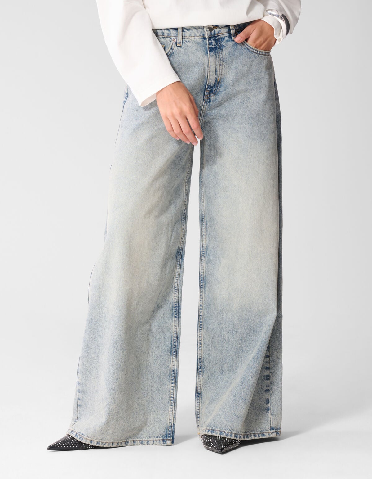 Curved Wide Leg Fit Jeans Mediumstone