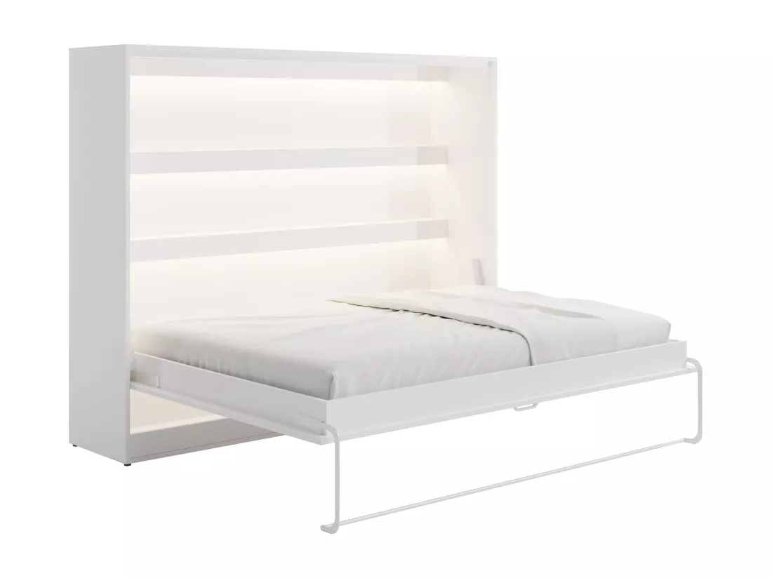 Lit escamotable 140 x 200 cm - Ouverture horizontale manuelle - Avec LEDs - Blanc + Matelas - RAPILI