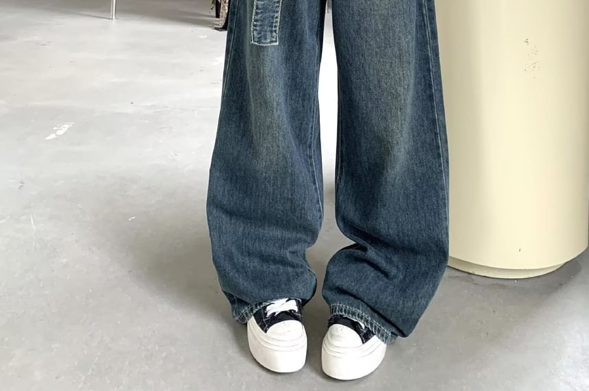 Ragistiq - Mid Waist Washed Wide Leg Jeans