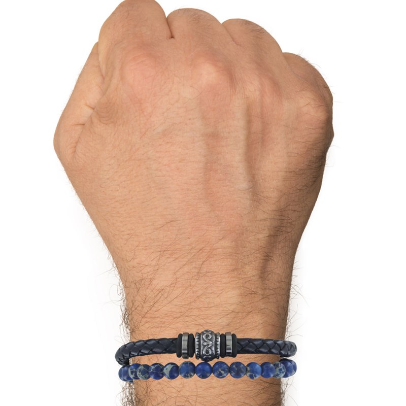 Bracelet Acier Homme Cuir Noir et Perles de Jaspe Bleu - taille 19 cm