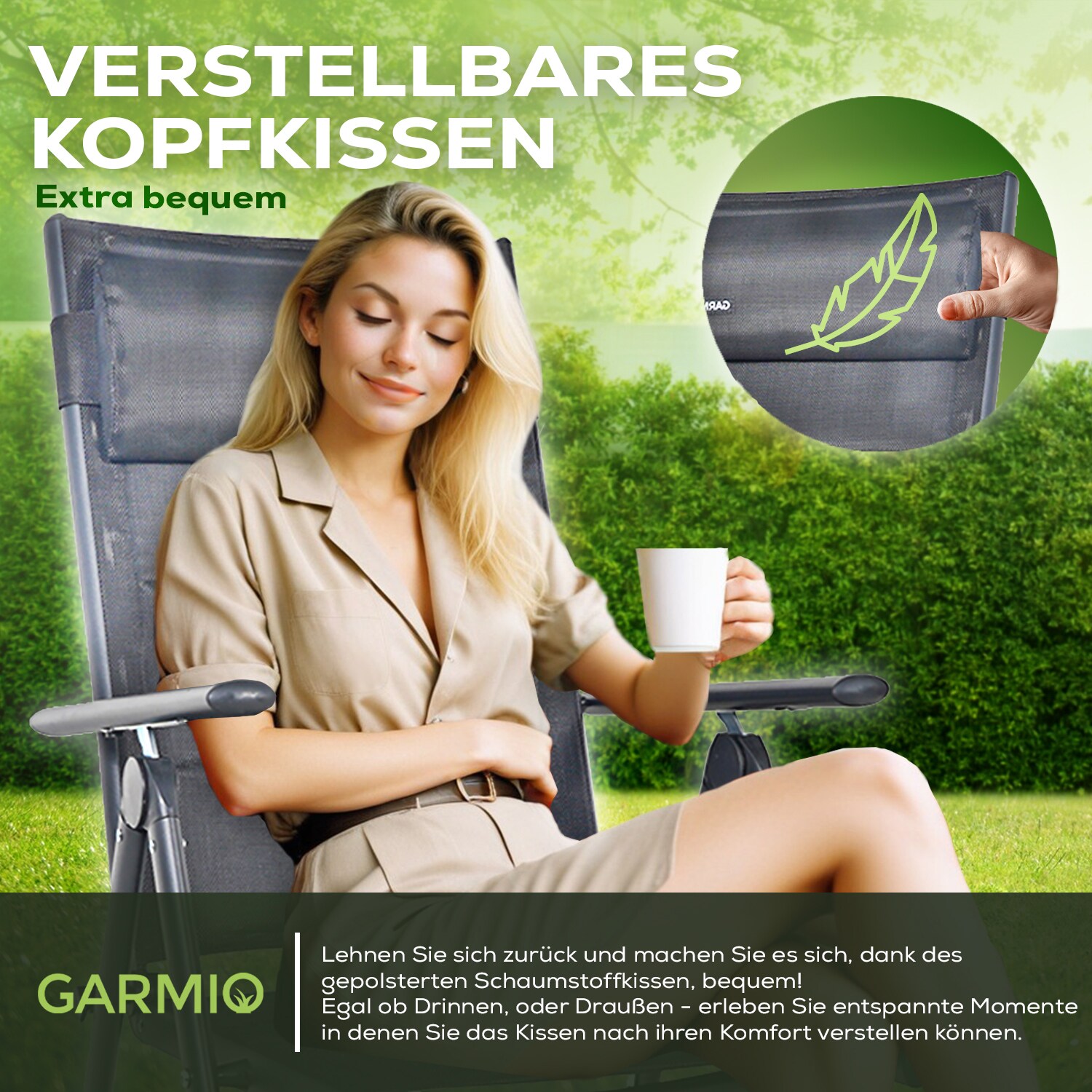 GARMIO® Gartenstuhl Balkonstuhl FLORENZ anthrazit, 4er SET, 7-fach verstellbar, klappbar, inkl. Nackenkissen, für Terrasse