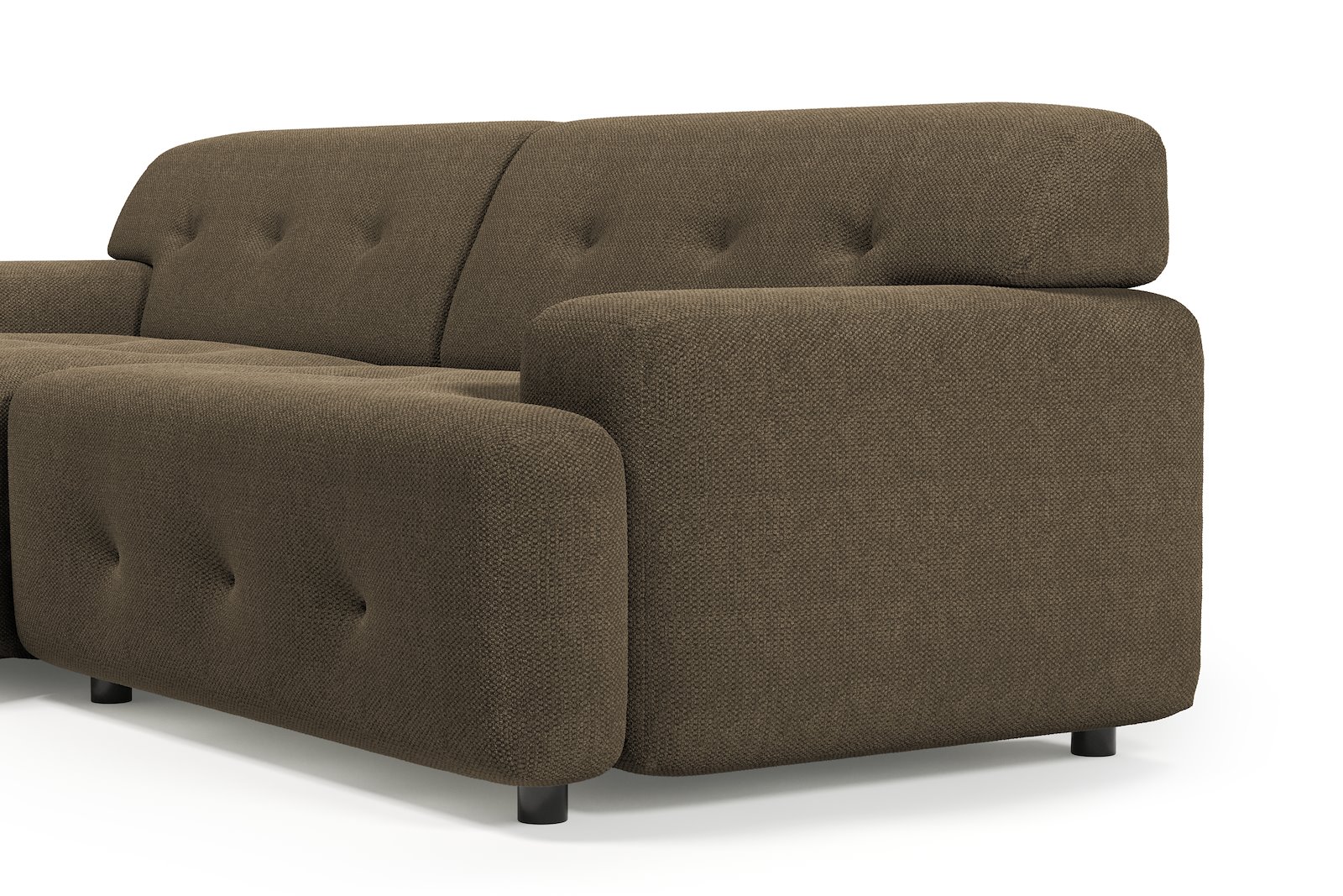 Bob sofa 1,5-seter med sjeselong venstre. Tekstil Mito 176 Dark Brown med sorte ben.