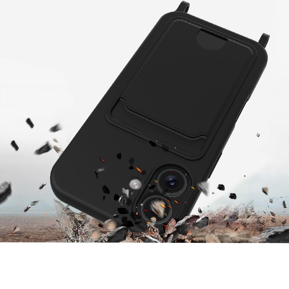 iPhone 16 Necklace Silikon Hülle mit Kartenfach   Handykette (160cm) - Schwarz