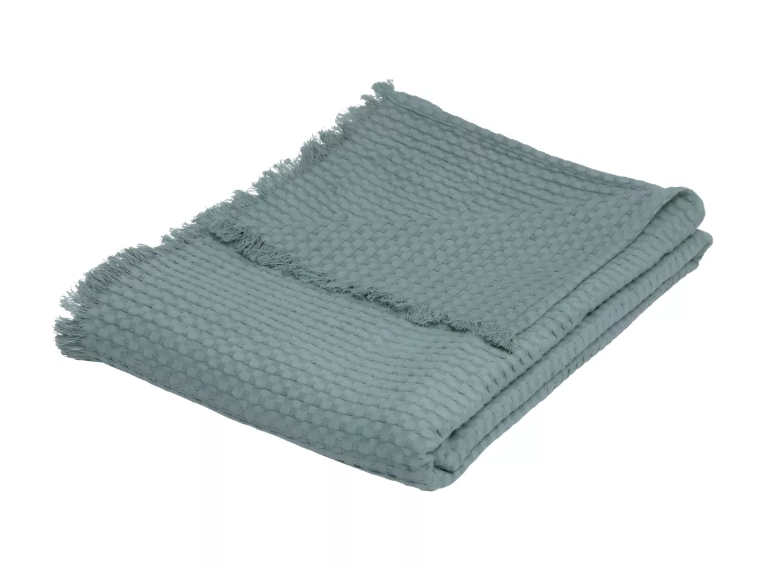 Jeté de lit en coton Vert Céladon nid d'abeille avec franges 130 x 180 cm
