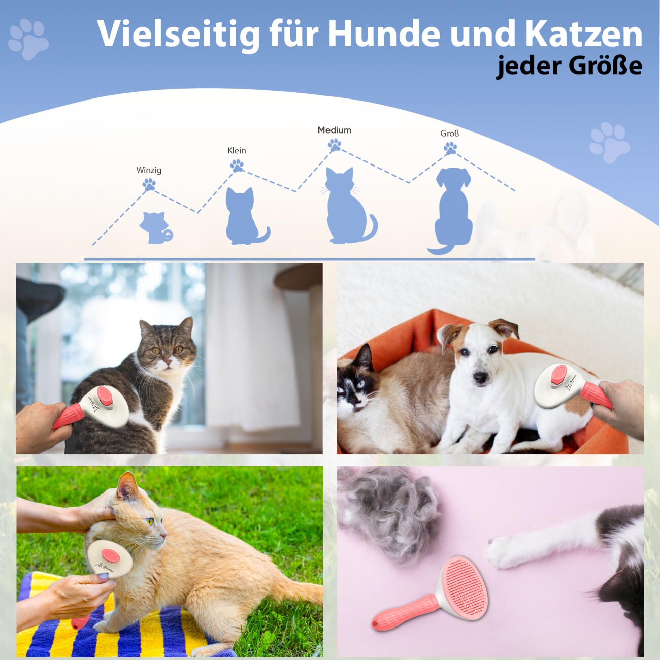 Petsation Tierbürste mit One-Touch-Reinigung weiß/ rosa