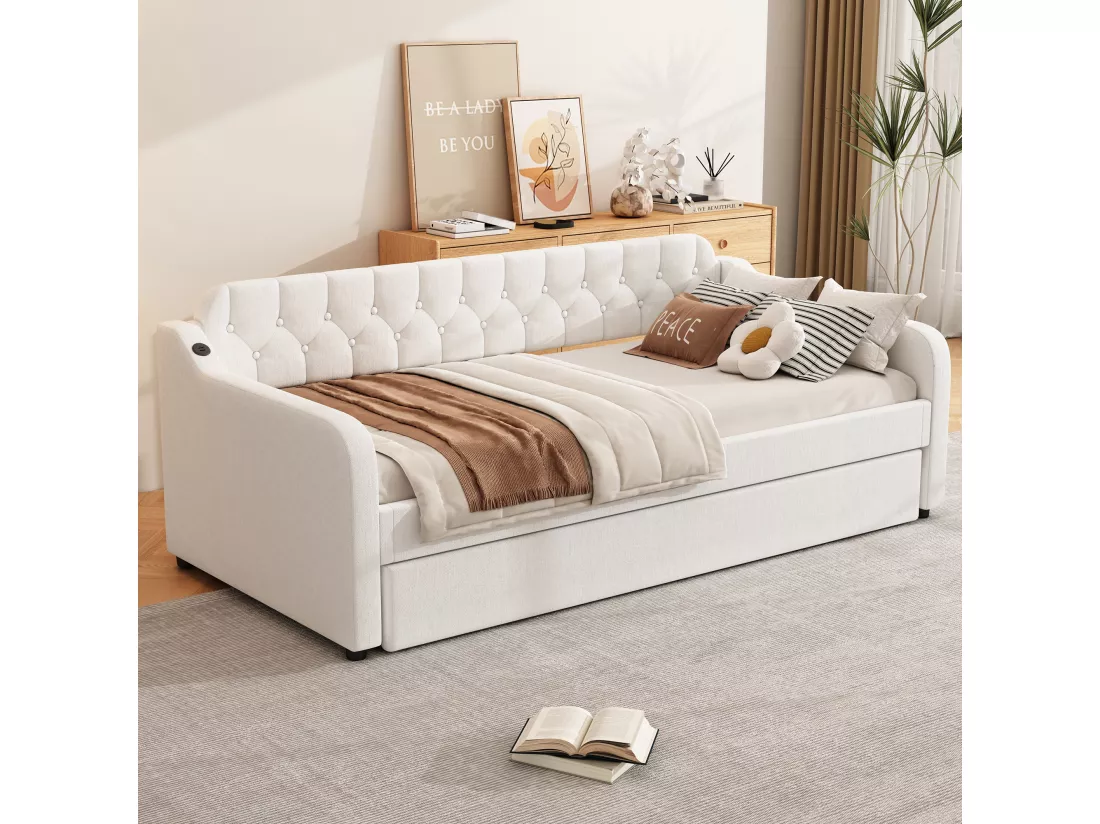 Lit gigogne 90/180x200cm, canapé lit extensible, méridienne avec port USB, sans matelas, beige