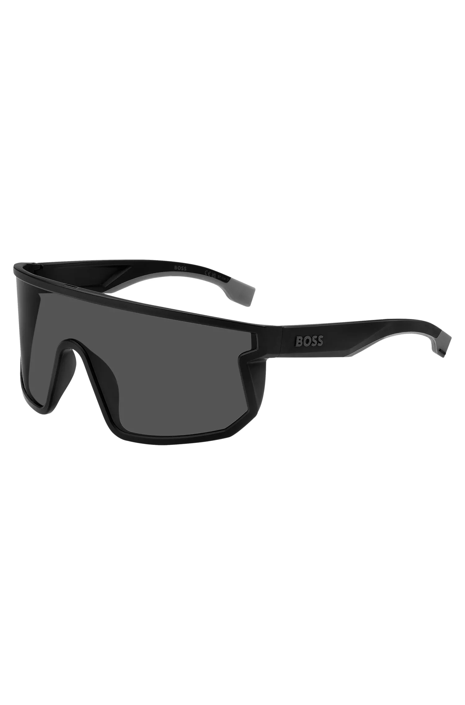 Óculos de sol BOSS estilo máscara, na cor preta, com hastes personalizadas com a marca.