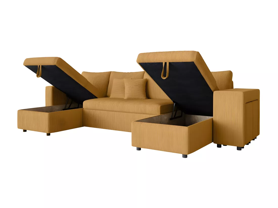 Canapé panoramique Oslo convertible avec 2 coffres, 2 poufs à droite en velours côtelé jaune - L311 x P146 x H81cm - Loungitude