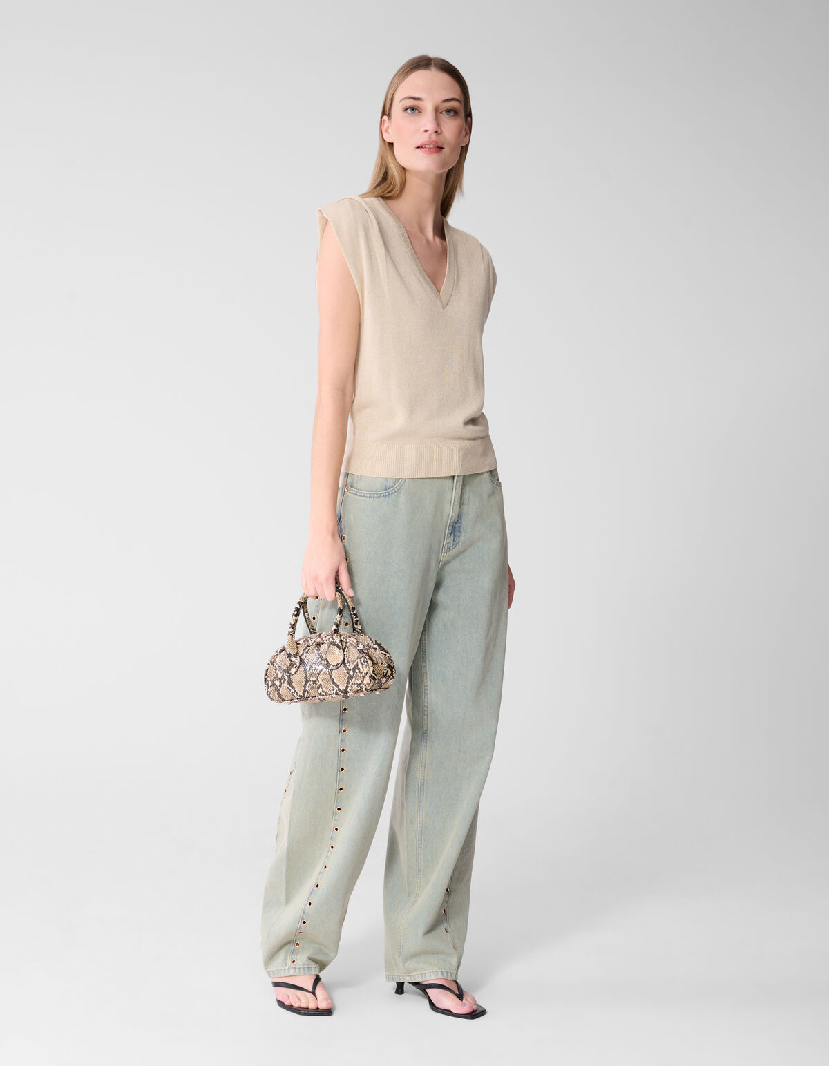 Glitter V-Neck Top Zand