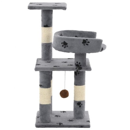 Arranhador para gatos com sisal e estampa de patas cinzentas.