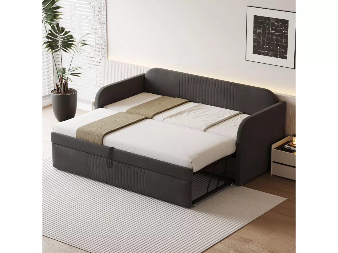Lit gigogne 90/180 x 190 cm - tissu en lin - motif à rayures verticales - coloris gris (matelas non inclus)