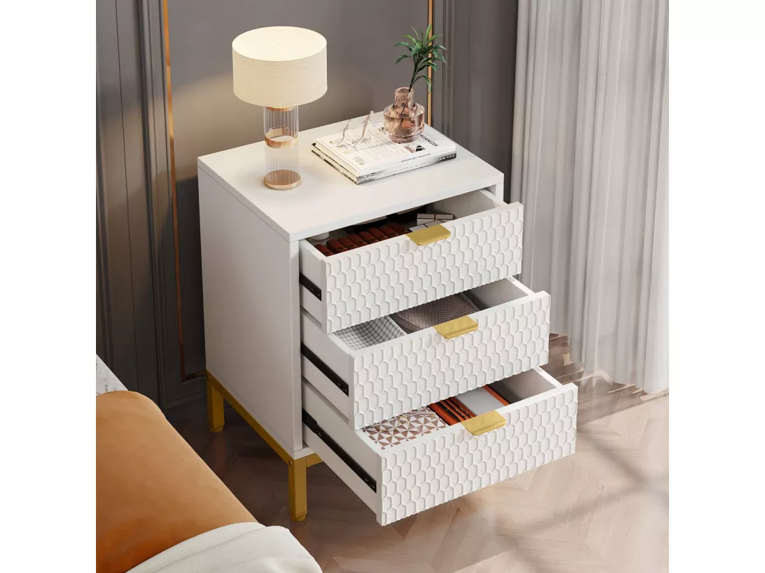Tribesigns Table de Chevet Moderne de 65,5 cm de Haut avec 3 tiroirs, Table d'appoint contemporaine avec Rangement pour Chambre à Coucher, Salon, Blanc et doré