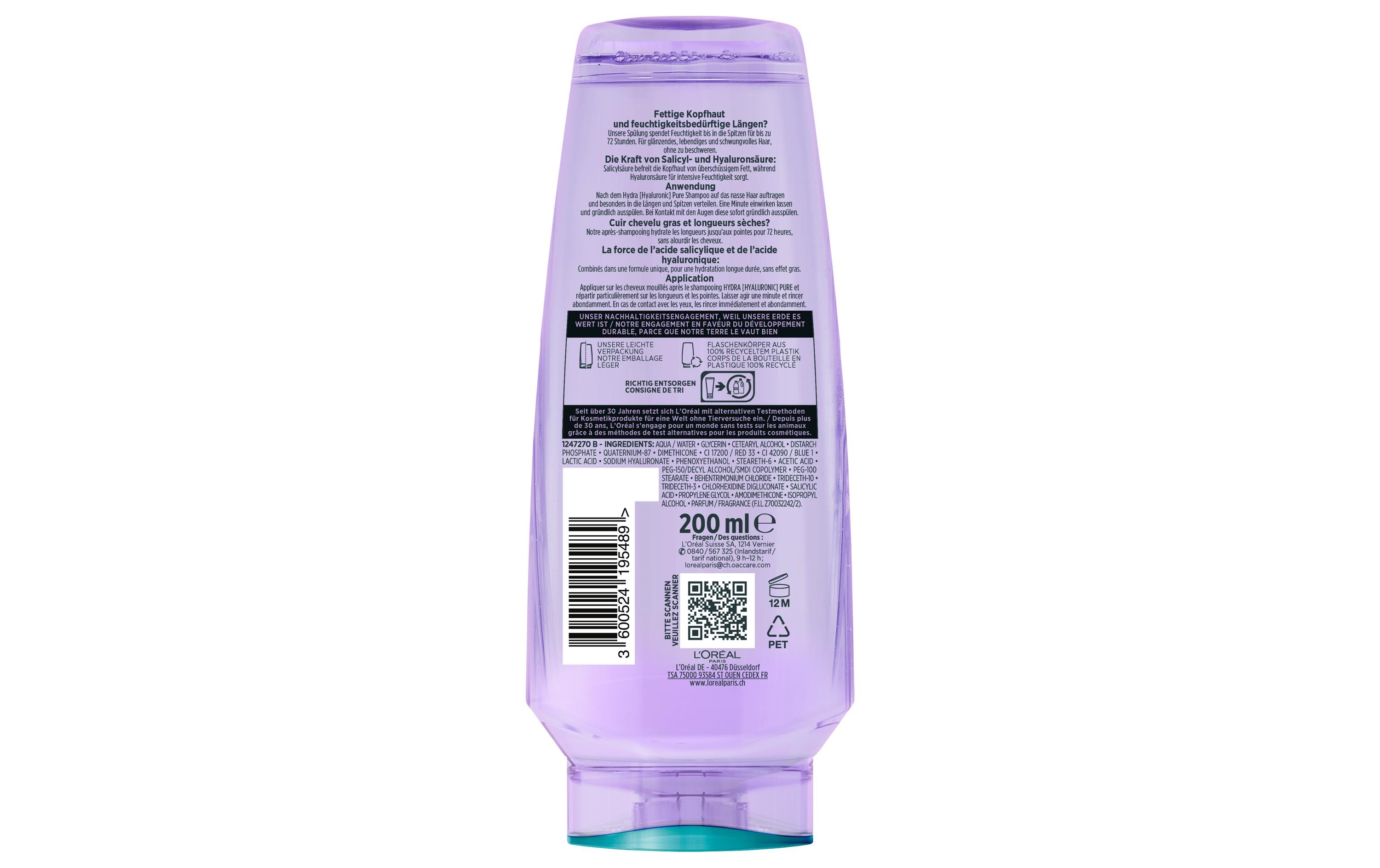 Haarspülung Hydra Hyaluronic Pure 72H 200 mlConditioner für glänzendes, lebendiges und schwungvolles Haar, ohne zu beschweren