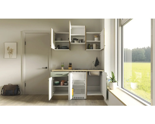 Flex Well enkele keuken met apparatuur Cara 150,5 cm groene eik mat gedemonteerde variant omkeerbaar 00012490