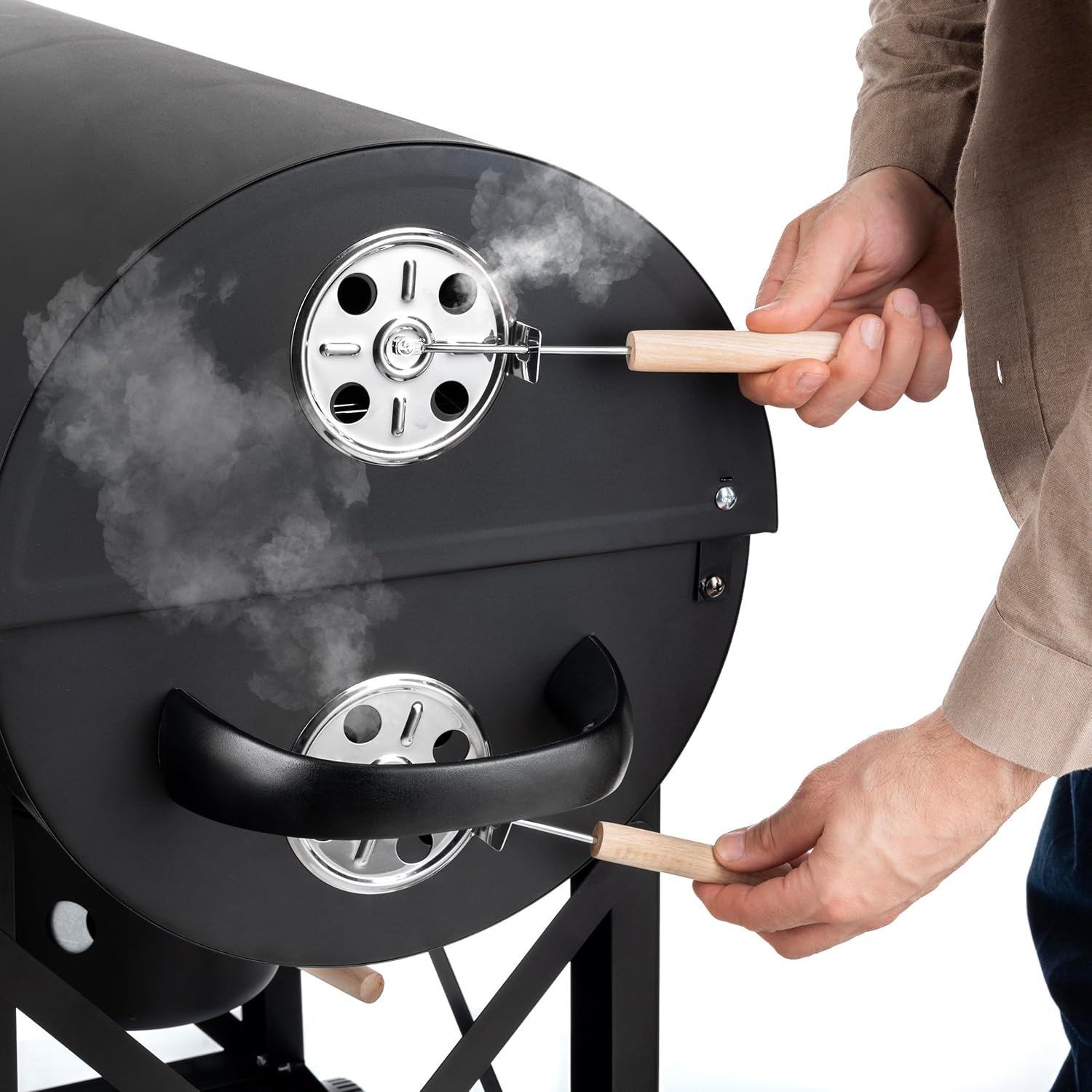 LEHMANN Holzkohlegrill mit Grillrost XL, Grillwagen mit 2 Holzeinlegeböden, Deckel, Rädern und nicht wärmender Griff, Kohlegrill für Garten, Terrasse, Camping