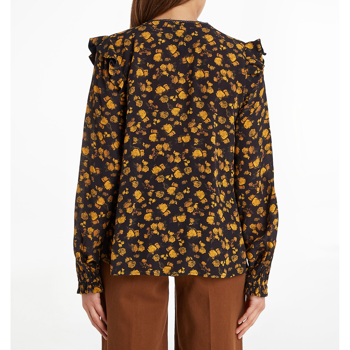 TOMMY HILFIGER<br>Blusa com estampa floral, decote em V e mangas compridas