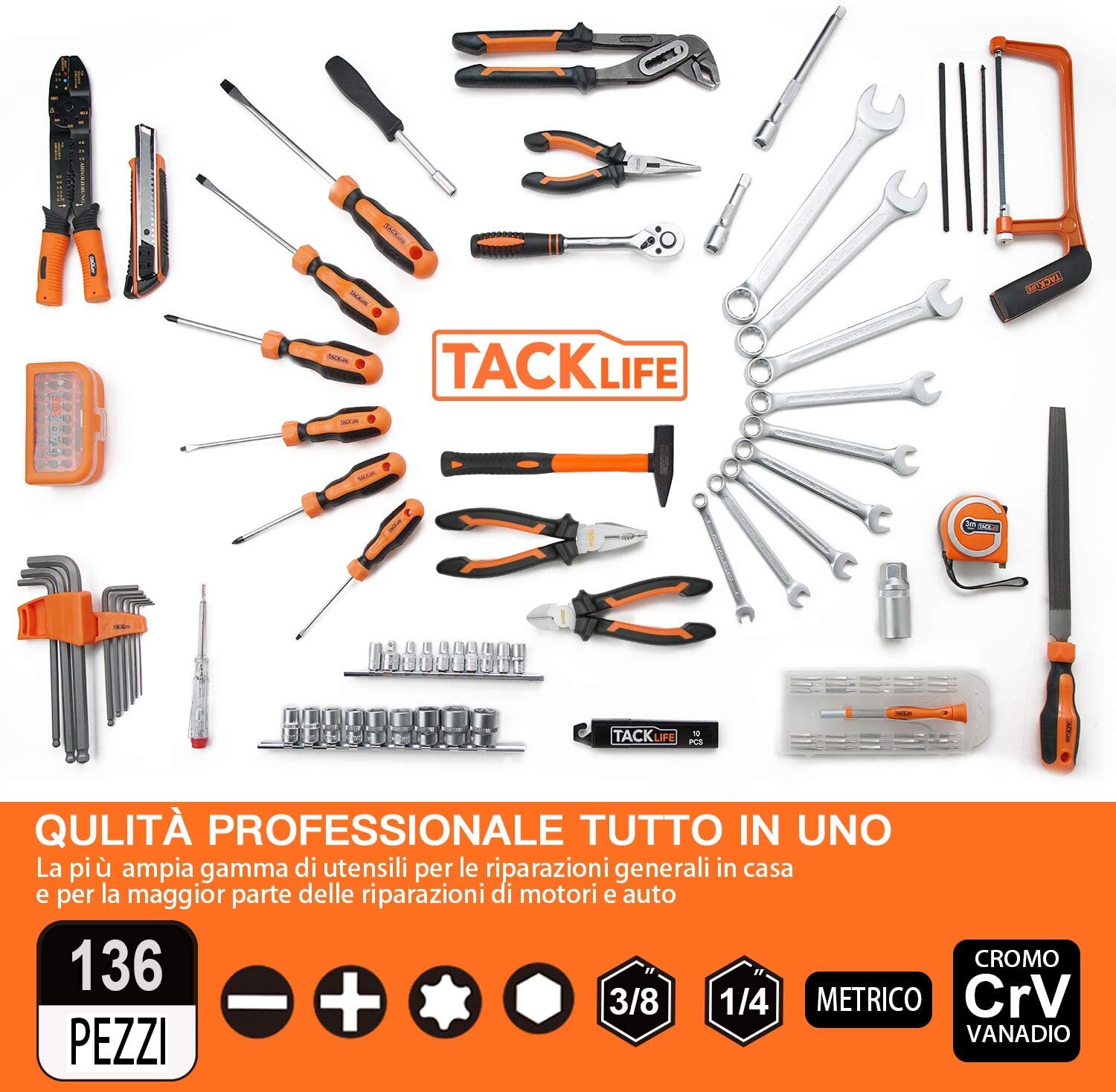 TACKLIFE HHK4B, Multifunktionaler 56-teilig Haushalts-Werkzeugkoffer für den Heimgebrauch, perfekt für alle Heimwerkerarbeiten mit Hammer, Messer, Schraubendreher